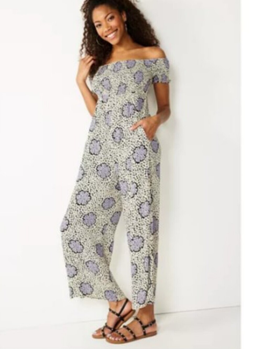 Rewind Off-Shoulder Floral Jumpsuit in Cream & Lavender #246